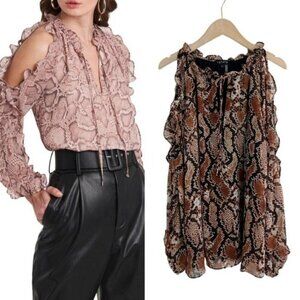 1. State Serene Snakeskin Snake Animal Print Cold Shoulder Ruffle Blouse Size XS
